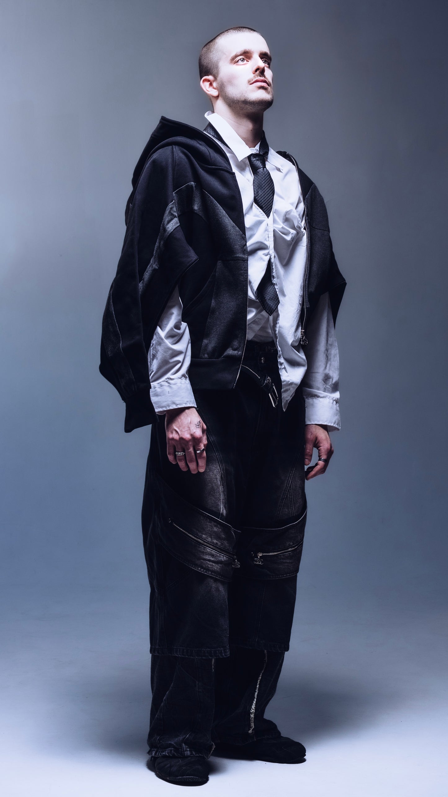 Triple Opening Hoodie full outfit male model dark fashion styling Ombre Montreal