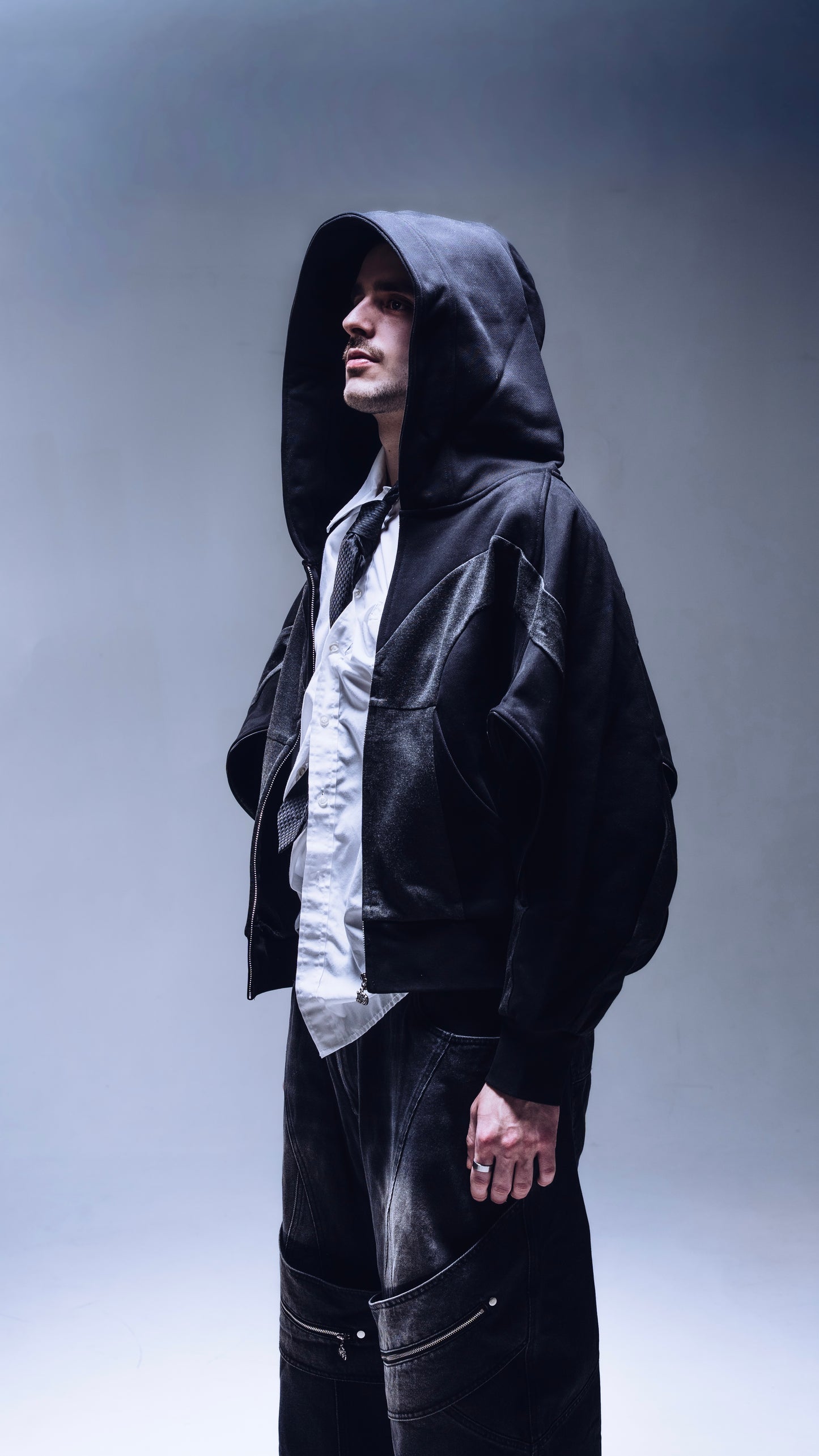Triple Opening Hoodie side view male model acid wash panels Ombre Montreal