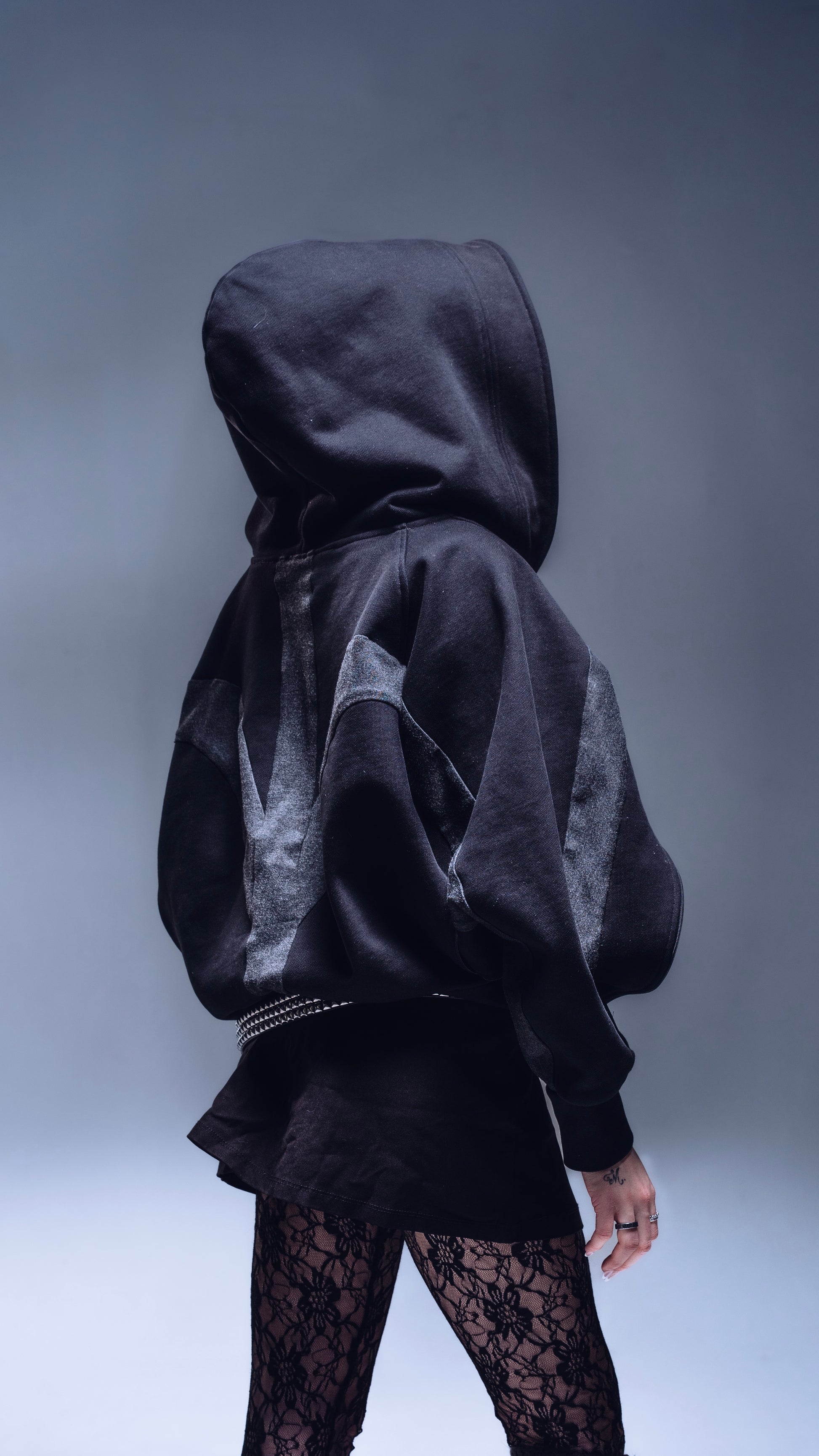 Triple Opening Hoodie side view female model acid wash panels Ombre Montreal