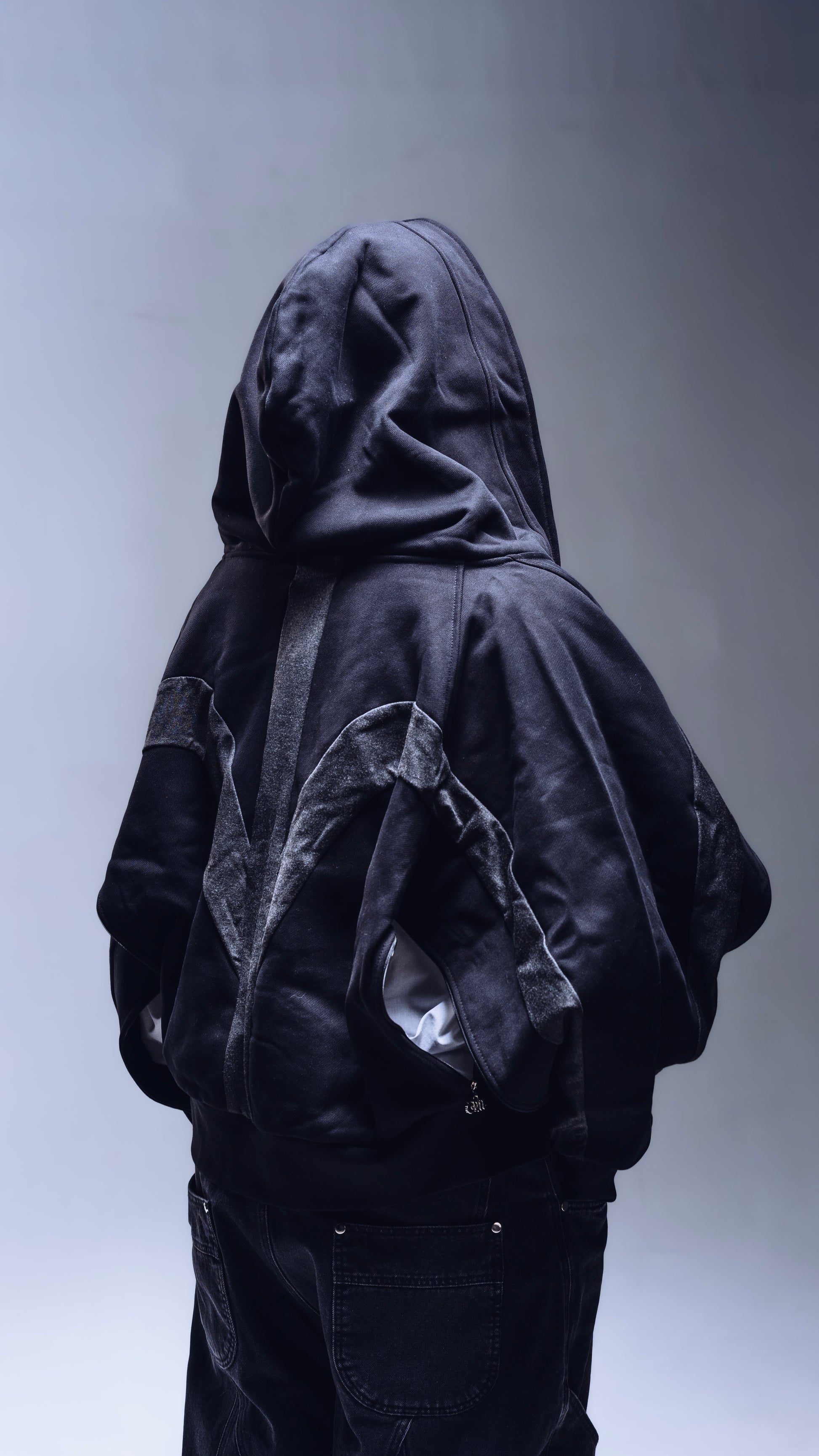 Triple Opening Hoodie back view male model triple zip opening Ombre Montreal
