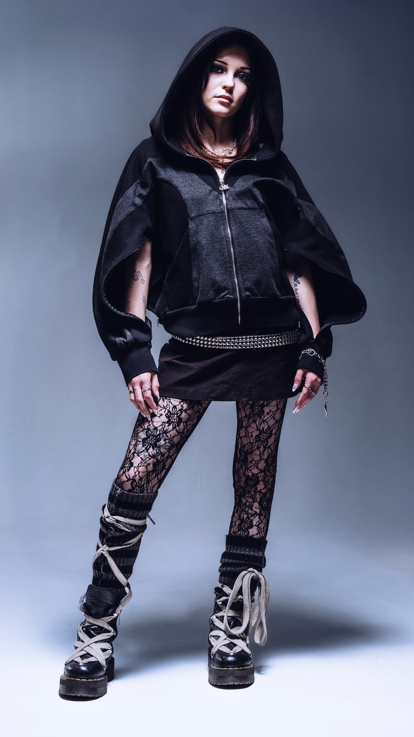 Triple Opening Hoodie full outfit female model dark fashion styling Ombre Montreal