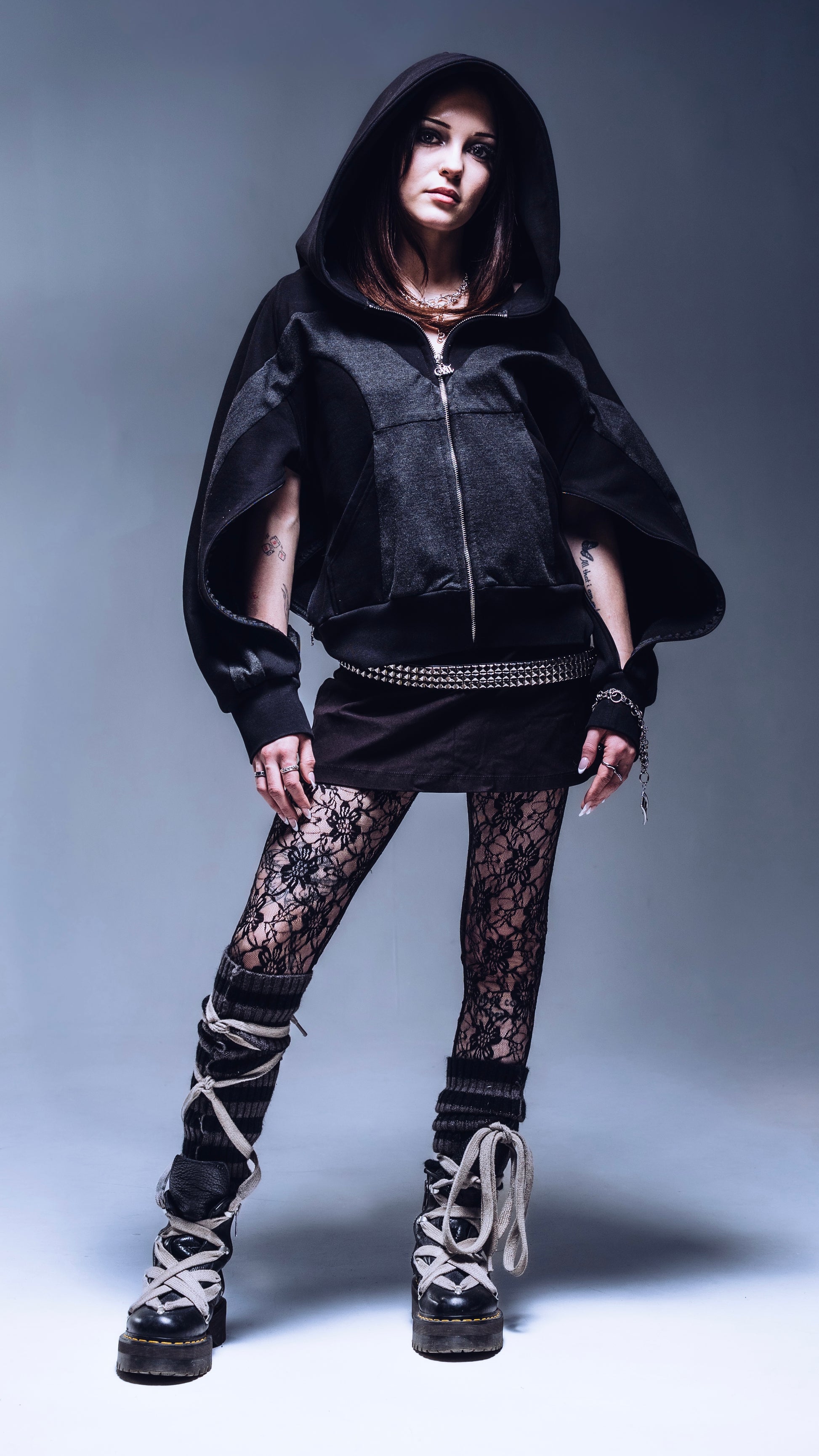 Triple Opening Hoodie full outfit female model dark fashion styling Ombre Montreal
